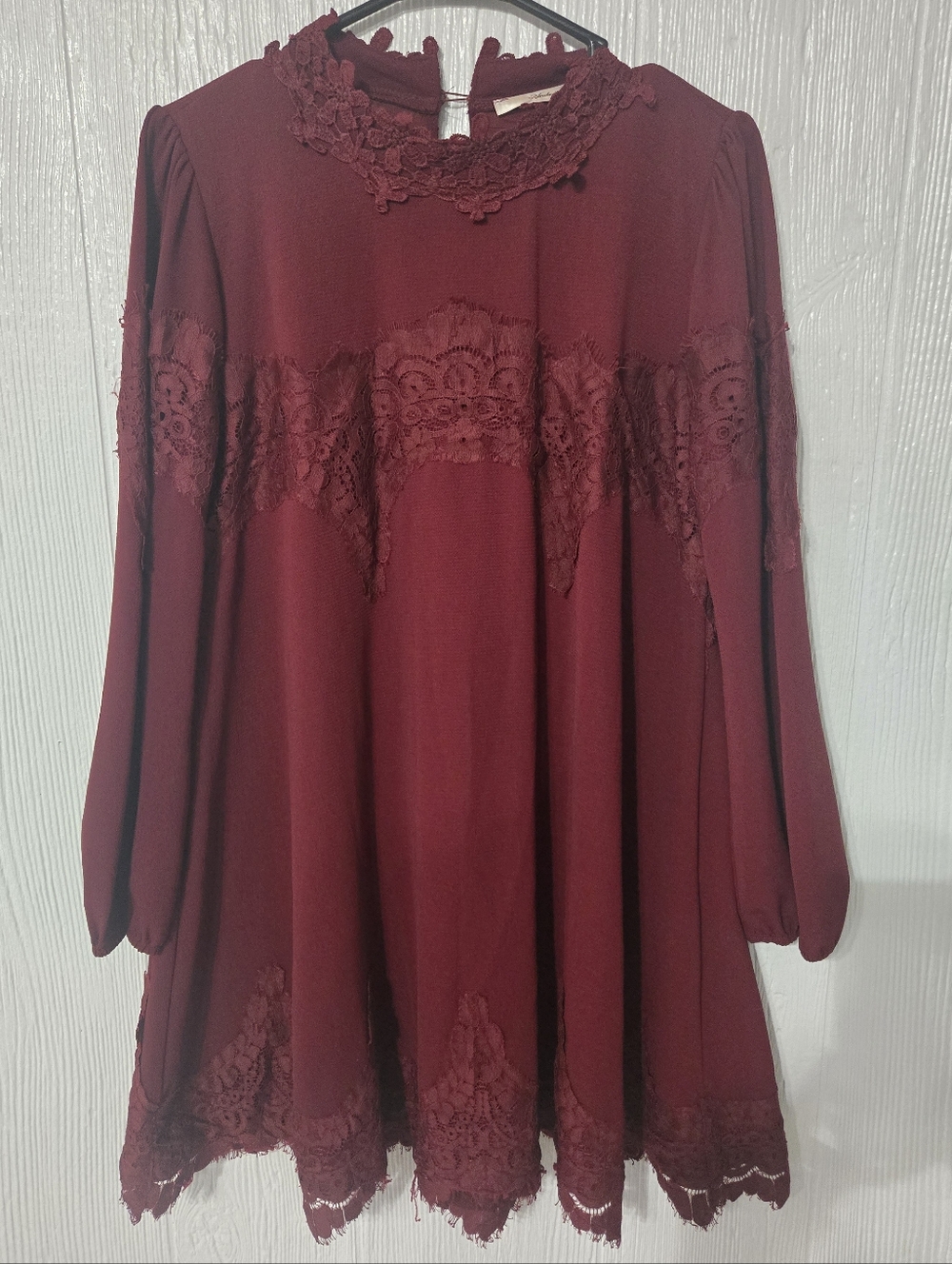 Andree by Unit Long Sleeve Babydoll Pullover Lace Dress Burgundy Women’s Large